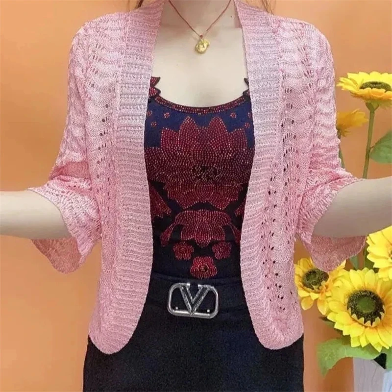 2023 Spring Summer New Ice Silk Knit Cardigan Women Coats Middle-Aged Mothers Solid Color Shawl Hollow Sunscreen Coat Female Top