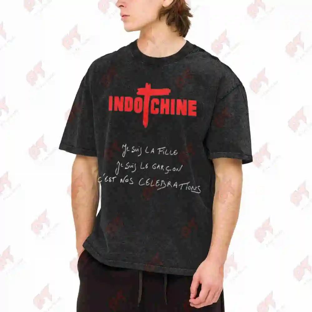 Indochine French Lyrics Music Vintage Washed Tee Pure Cotton T-Shirt