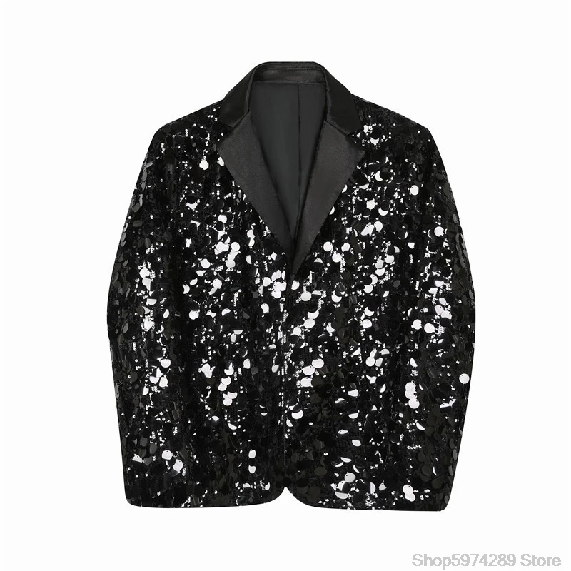 Korean Men\'s jacket Sequins Blazer Glitters Bling Suit Jackets Singer Stage Shiny Clothing Silver Oversize Party Suit Coat Man