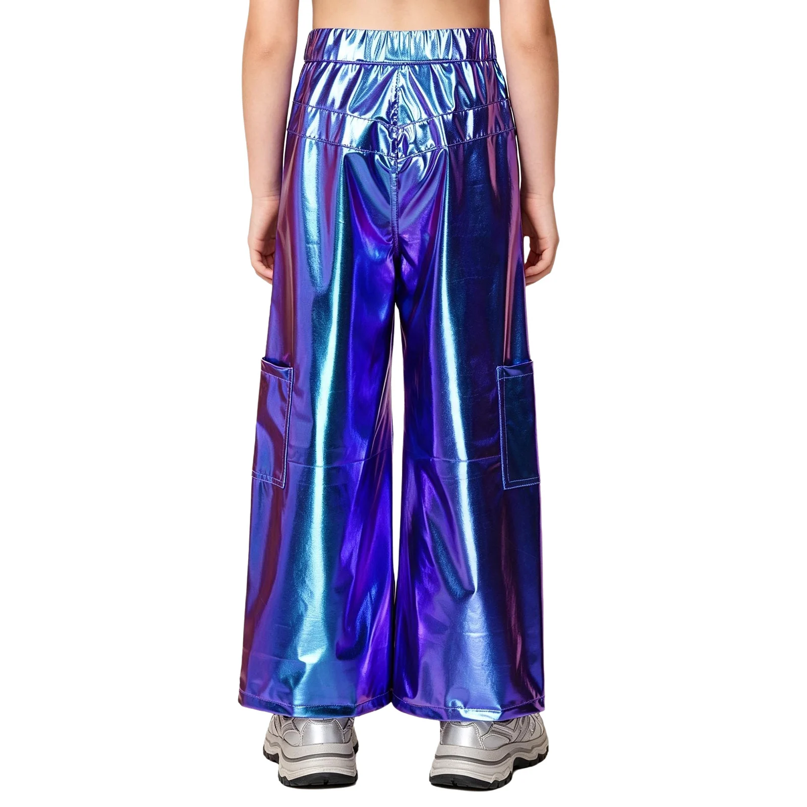 Boys Girls Metallic Cargo Pants Hip Hop Street Modern Dance High Waist Press Button Wide-leg Trousers with Multi-pocket