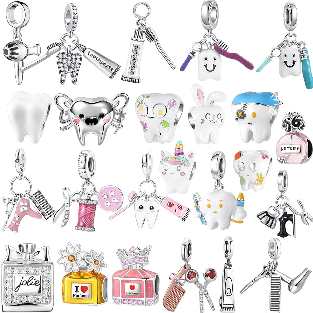 925 Sterling Silver Protect Teeth Hair Dryer Hairstyle Pendant Charm Beads Fit Necklace Bracelets KeyChain DIY Jewelry For Woman