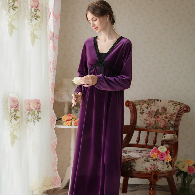 

Winter Pleuche Velvet Vintage Nightgowns Women Warm Long Sleeve Velour Robe Victorian Night Dress Nightwear Princess Sleepwear