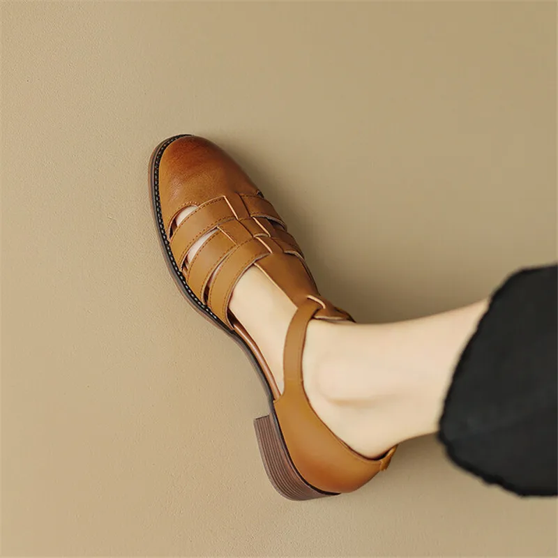 2023 New Summer Sandals Split Leather French Retro Woman Shoes Chunky Heel Round Toe Sandals Shoes Handmade Casual Women Pumps