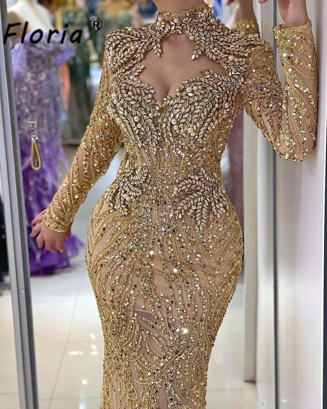 Robe Sirène Dorée à Manches sulfpour Femme, Tenue de Soirée Élégante, Sexy, Dubaï, Perles de Clip, Éducative, Cérémonie de Mariage