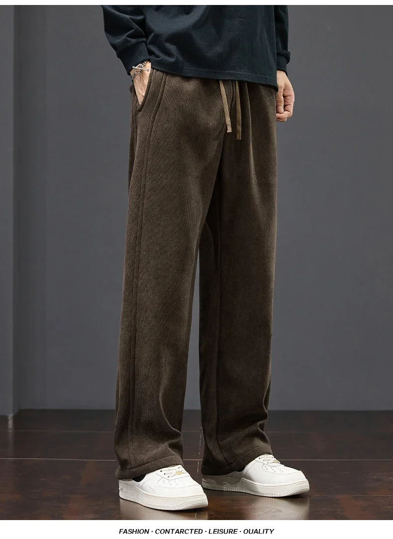 Winter Warme Fleece-Gefütterte Herren-Cordhose, Weite Gerade Hose mit Kordelzug und Elastischem Bund, Streetwear Braune Freizeithose für Männer – Detail 8