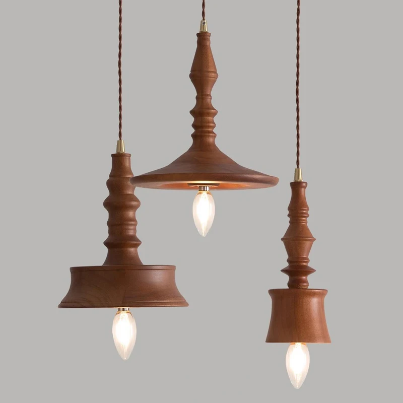 Vintage Solid Wood Pendant Lights Retro Loft Decor Dining Chandelier Room Study Homestay Hotel  Candlestick LED Hanging Lamp