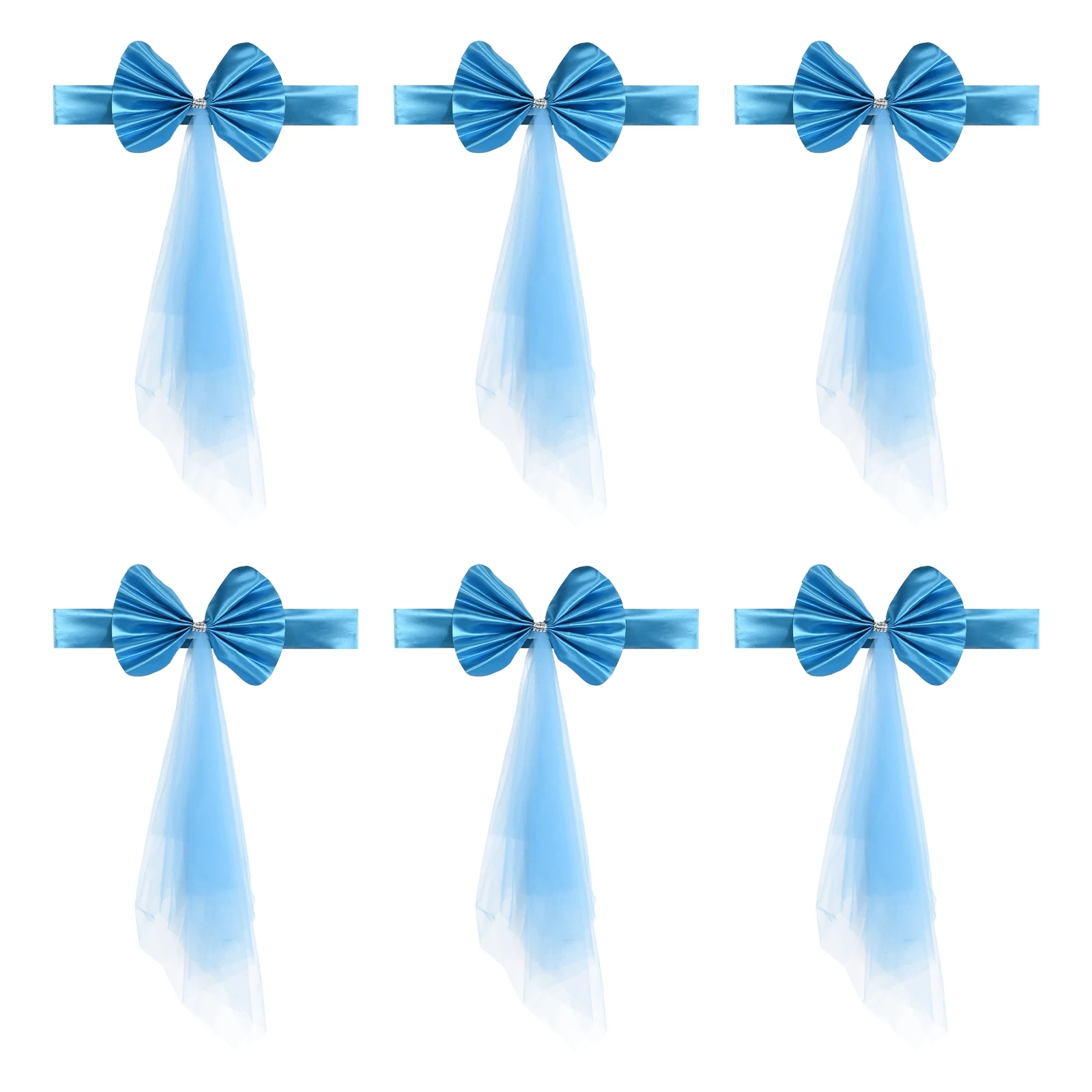 

6pcs Stretch Satin Chair Sashes Bows Chair Bands Decoration with Mesh Yarn Floating Tied for Wedding Banquet Events