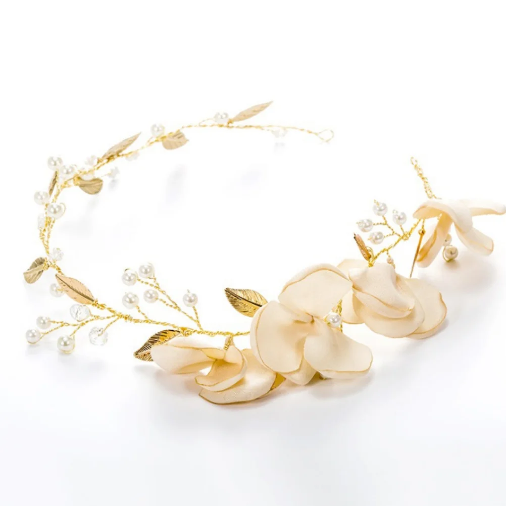 Cloth Flower Pearl Headband Golden Leaves Elegant Bridal Hair Accessory Wedding Party Prom Headdress Wedding Headband