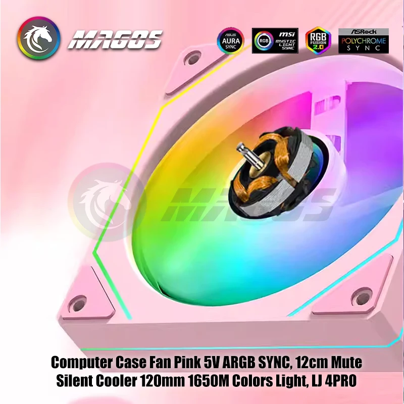 Ventola per case del computer Rosa 5V ARGB SYNC, dispositivo di raffreddamento CPU silenzioso muto da 12 cm 120 mm 16,5 M Colori luce, lama avanti o retromarcia, LJ 4PRO