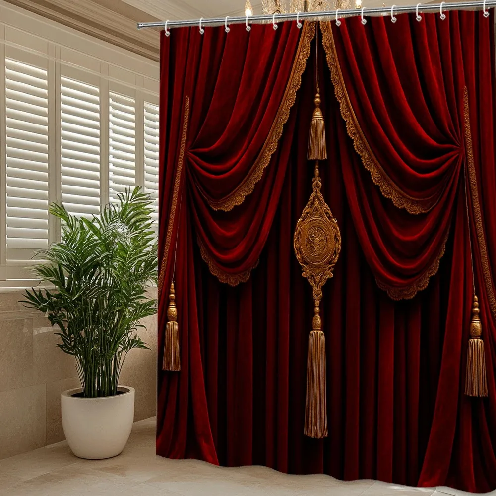 Luxury Red Velvet Theater Curtain Shower Curtain Machine Washable All Season Waterproof Privacy Protection Free Hooks Included