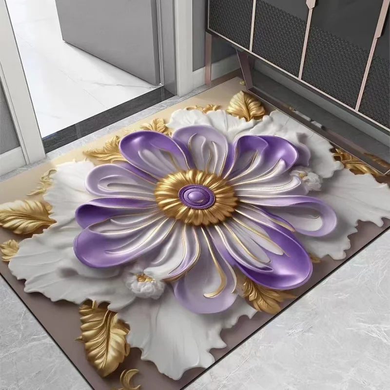 VIKAMA Luxuriöser Gold-Lila Blumen-Badezimmerteppich, Rutschfester Eingangsbereich-Teppich, Heimdekoration