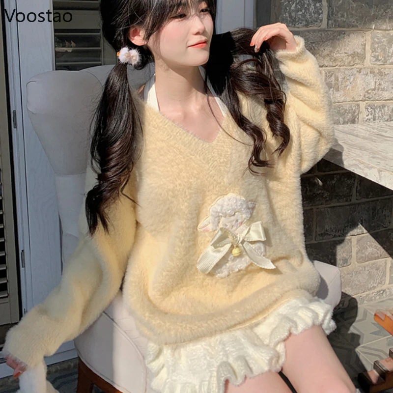 Korean Cute Sweater Tops Women Casual Bow Cartoon Sheep Embroidery Knitted Pullovers Harajuku Streetwear Girls Y2k Knitwear Coat