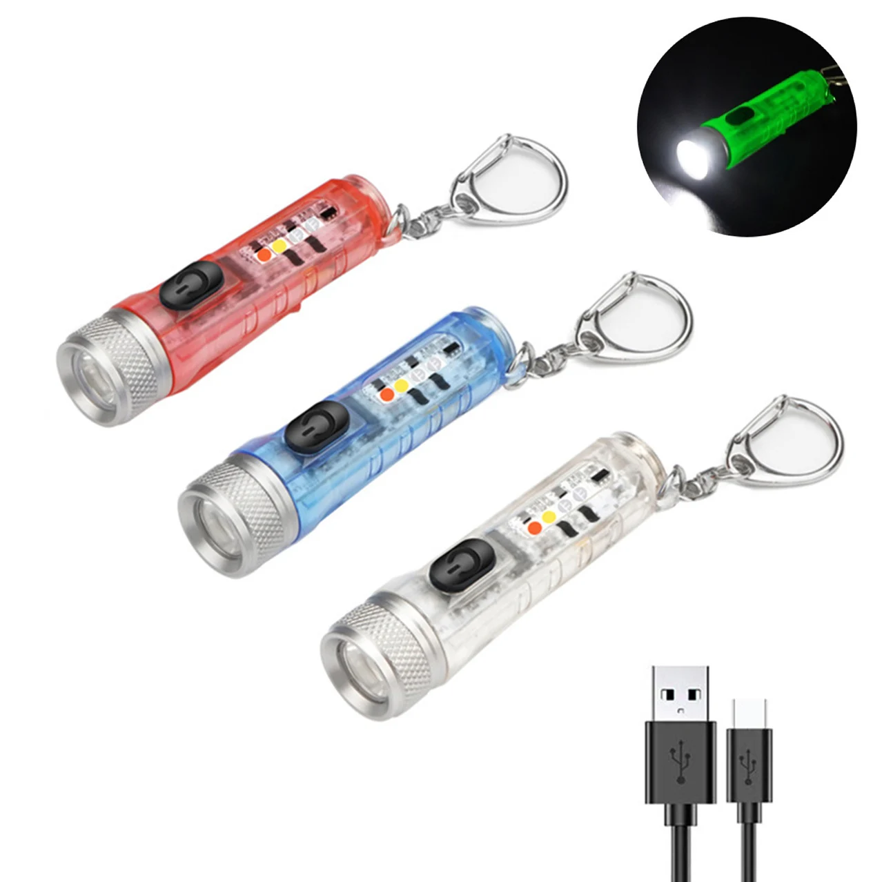 Mini Keychain LED Flashlight Multi-function Camping Flash Torch TYPE-C Fast Charging IP66 Waterproof Fluorescent Magnetic Warnin