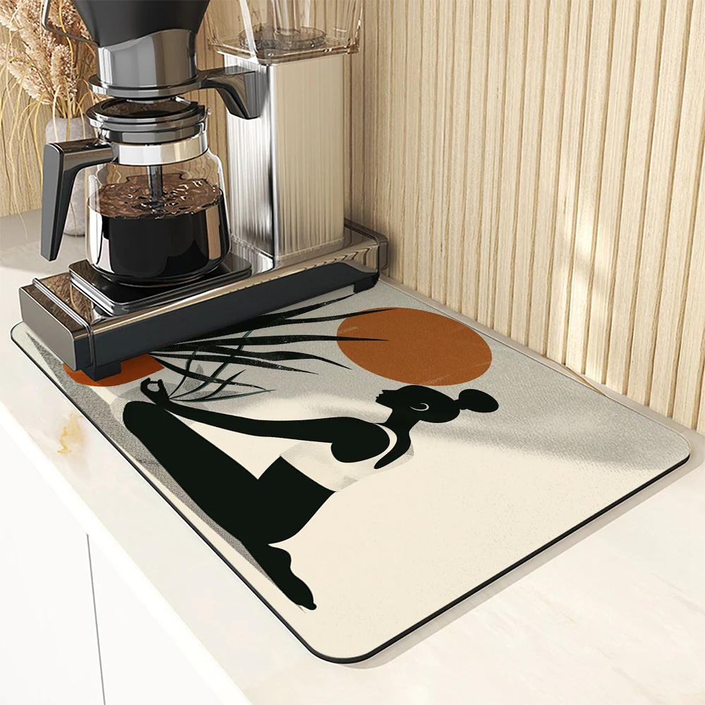 Large Kitchen Absorbent Mat Yoga Figure Leaf Antiskid Draining Coffee Dish Drying Mat Quick Dry Bathroom Drain Pad Tableware Mat