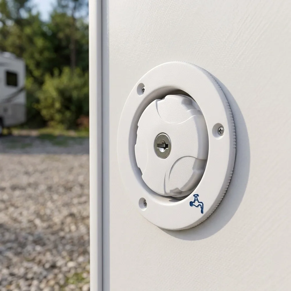 RV Freshwater Inlet with Mechanical Locking System and Sealing Ring Optimized for and Travel Environments RV Freshwater