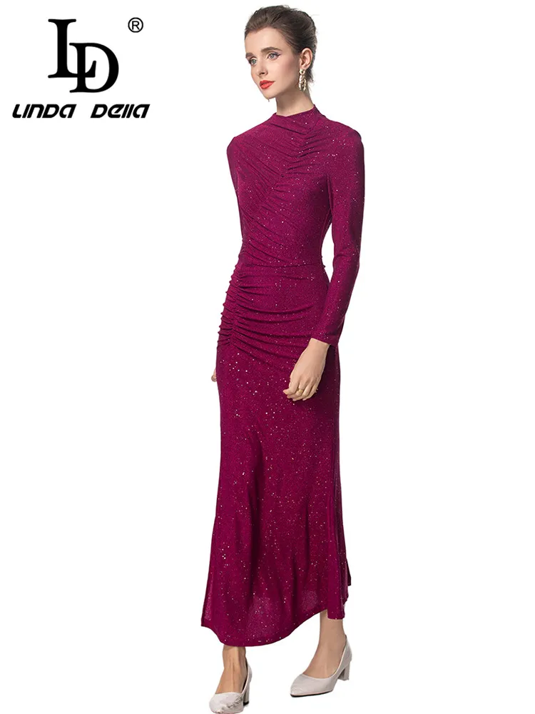 LD LINDA DELLA Autumn and Winter Women\'s Pencil Dress Long-Sleeved Pretty Slim-Fit Hip Wrap Evening Prom Purple red Dresses