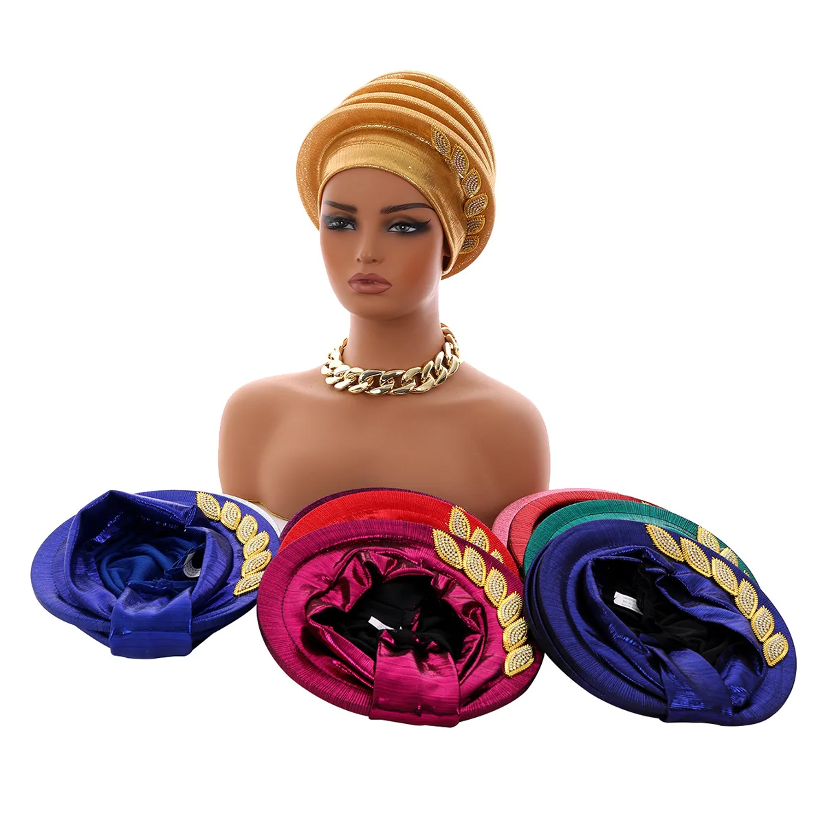 Boina en espiral con hojas y diamantes para mujer, turbantes africanos para la cabeza, boinas femeninas, turbante, tocado nigeriano, Gele para fiesta de boda
