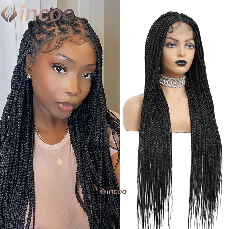 36 inch Knotless Box Braid Wigs For Black Women Black Synthetic Wigs Neat Cronrows Full Lace Braided Wigs African For Daily Use