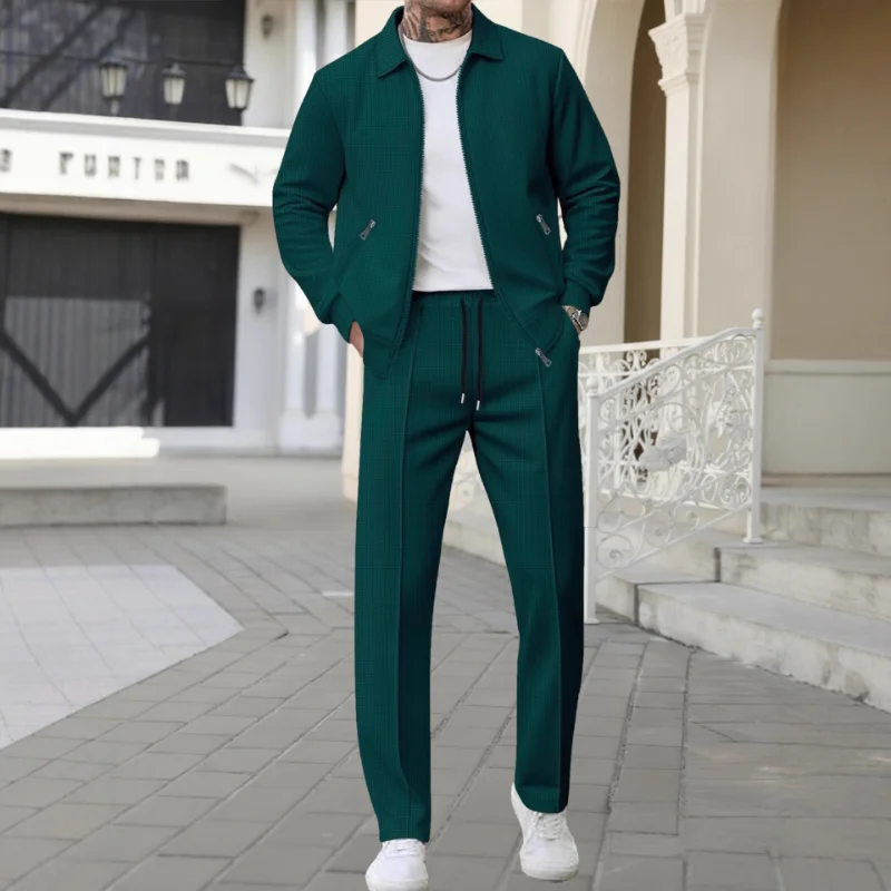 Men's Waffle Knit 2-Piece Tracksuit Casual Zip-Up Jacket and Drawstring Pants Suit