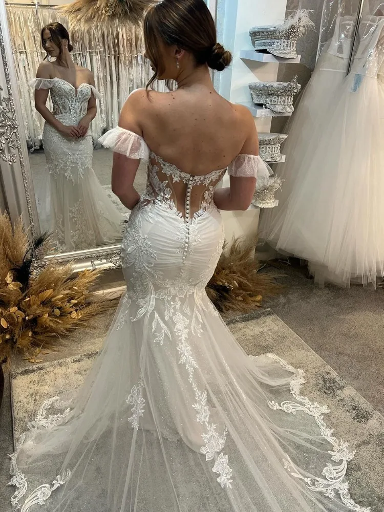 Abito da sposa Boho a sirena per donna con spalle scoperte Appliques Beach lucido lunghezza pavimento abito da sposa elegante Robe De Mariée