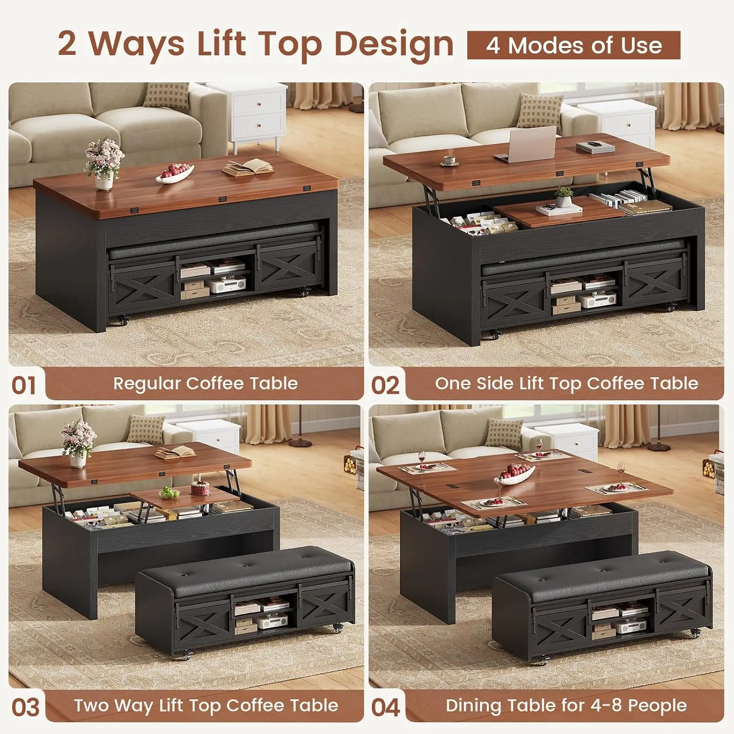 Lift Top Coffee Table with Storage Bench, Farmhouse Convertible Coffee Table to Dining Table for 4-8, 4 Modes with Hidden Compar
