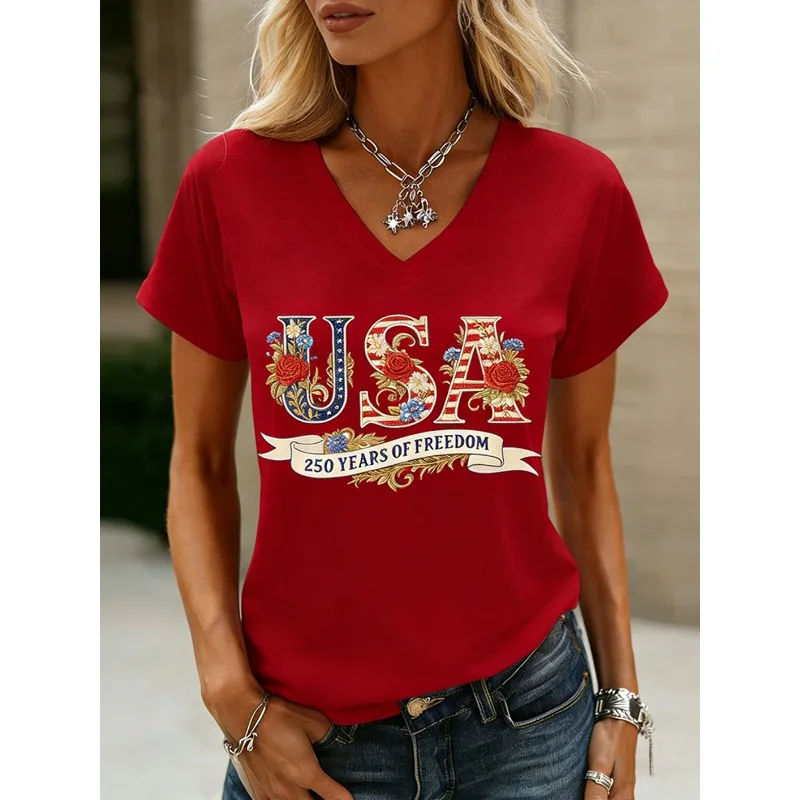 250 Years of Freedom 1776 Festival Under God Women's  Print T-Shirts Summer V Neck Tops Short Sleeve Casual Tees
