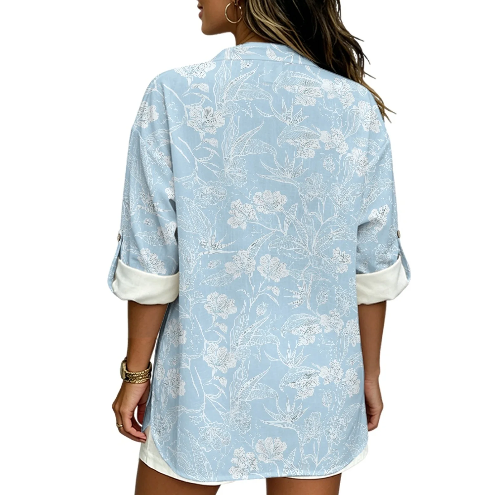 PENSTROLL Light Blue Floral Side Slit V Neck Blouse for Business Linen Style Tunic Top Sizes S-5XL