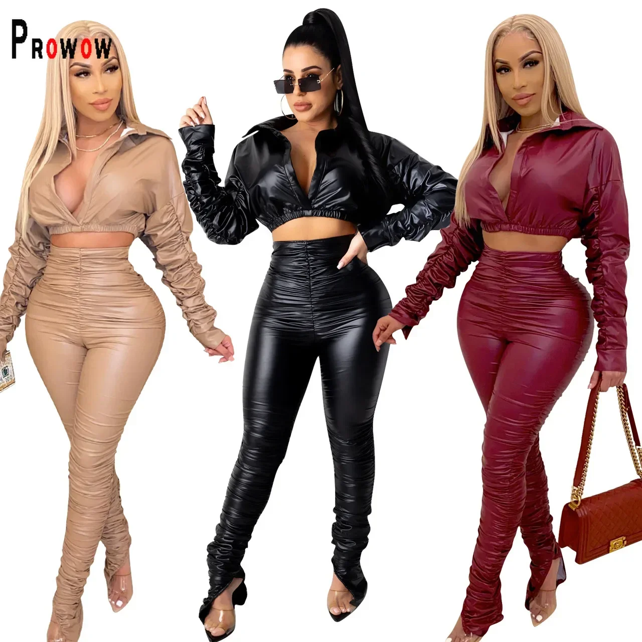 

Prowow Fashion Women Pu Suits Cropped Turn-down Collar Tops High Waisted Stacked Pant Two Piece Clothing Set Fall Female Outfits