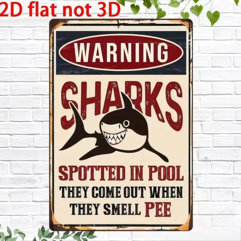 Warning Sharks in Pool Vintage Metal Tin Sign - Retro Cartoon Shark Design, Iron Wall Art for Pool/Bathroom/Home Decor
