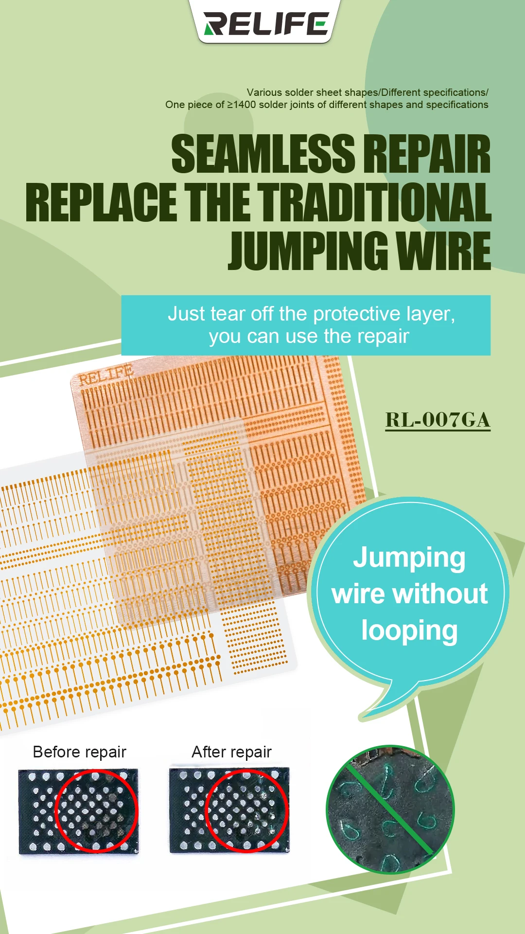 RELIFE RL-007GA 1400 Punkte Lötpad-Blatt Hochleitfähiges Anti-Bruch-Lötplättchen für Handy-PCB-Schaltkreis-Reparatur – Detail 1