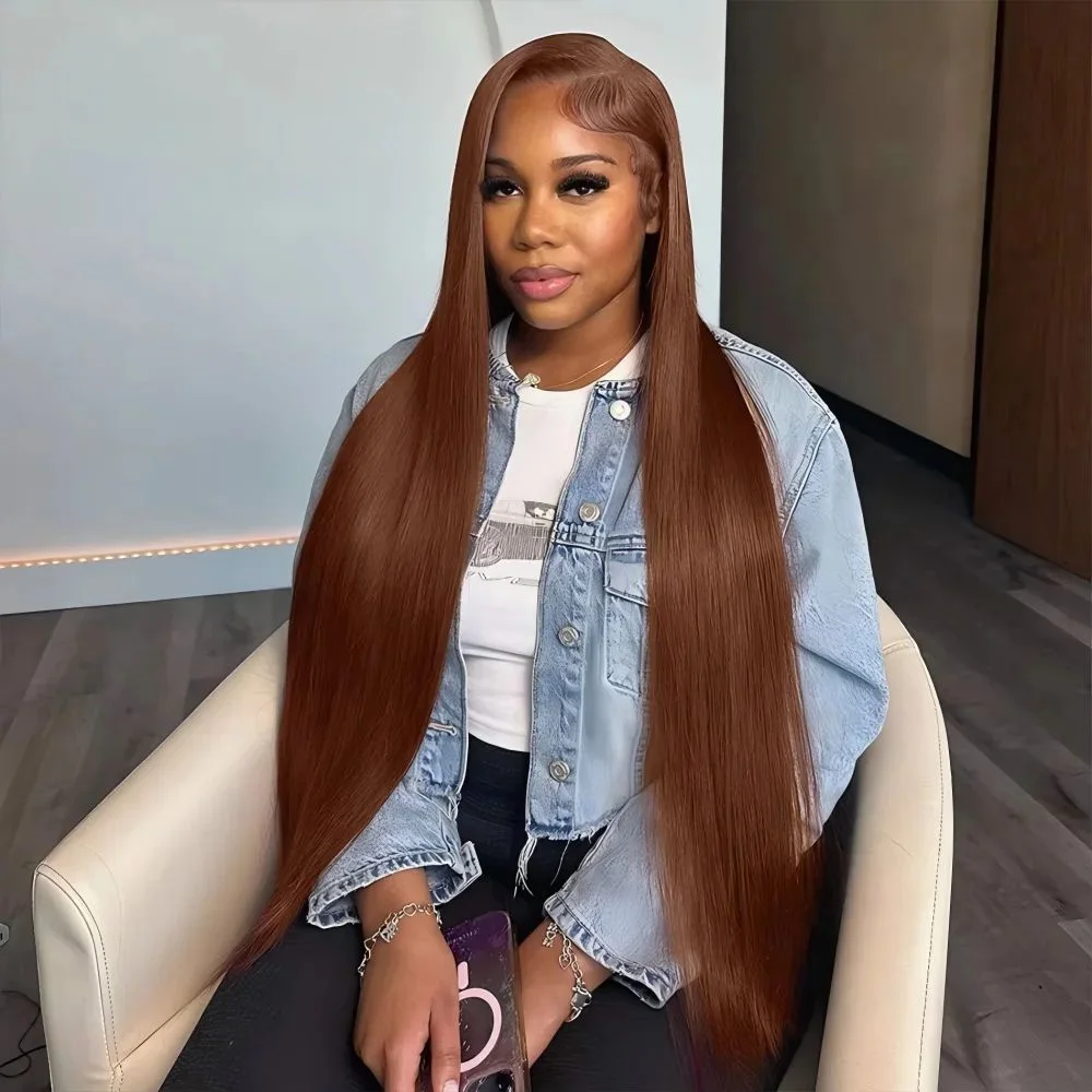 

Chocolate Brown Straight 13x4 Lace Front Human Hair 46 Inch Pre Plucked Natural Hairline Wig 13x6 HD Transparent Lace Frontal Wigs 200% Density For Women