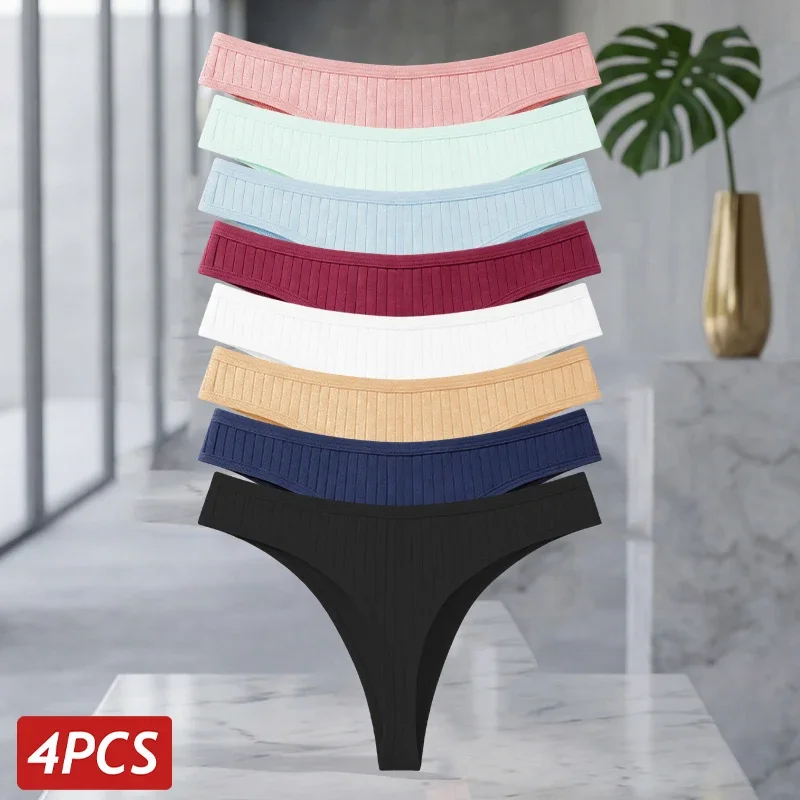 4Pcs/Set Cotton Ribbed Thongs For Women Seamless Solid Color High Quality Underwear Ladies Cozy Breathable Sexy G-String