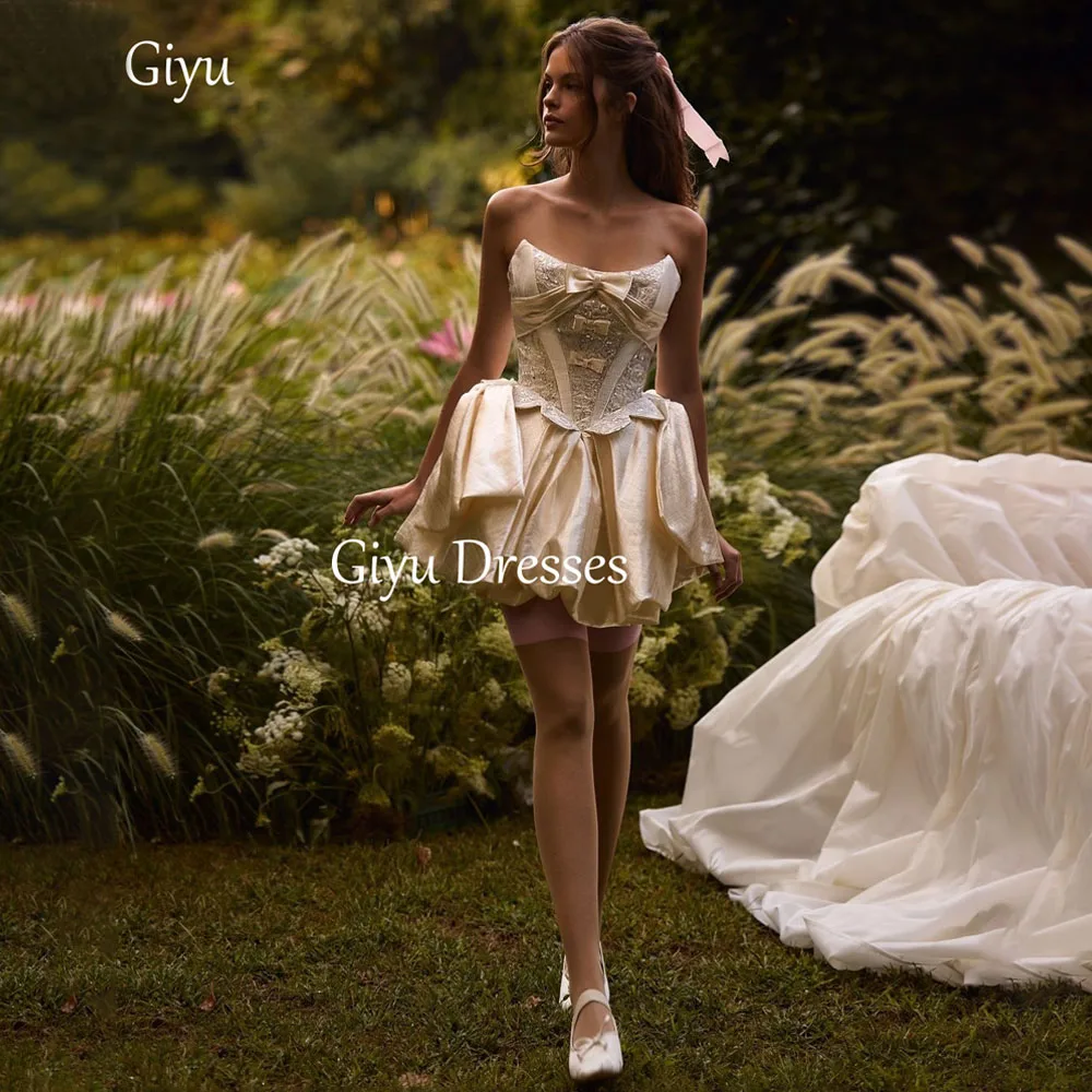 

Giyu Sexy Mini Gold Wedding Dress Sweetheart Off-Shoulder Bow Decoration Pleats European Women Formal Bridal Dress Customized