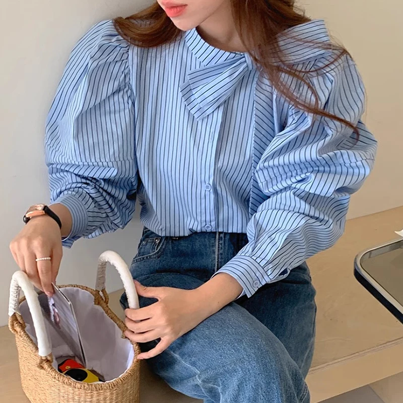 Nomikuma Korean Chic Spring Retro Standing Neck Bow Design Casual Versatile Long Sleeved Striped Shirt for Women Tops