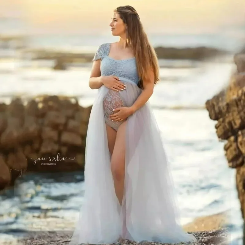 Maternity Photography Dresses Pregnancy Lace Bodysuit  Tulle Long Sides Slit With Flying Dress Pregnant Woman Photo Shoot Outfit - view 3