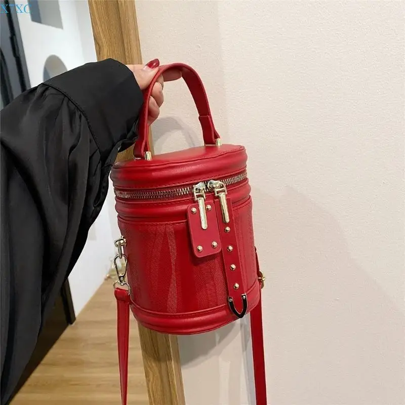 

X7XC Women PU Leather Crossbody Round Bucket Bag with Double Metal Zipper Top Handle