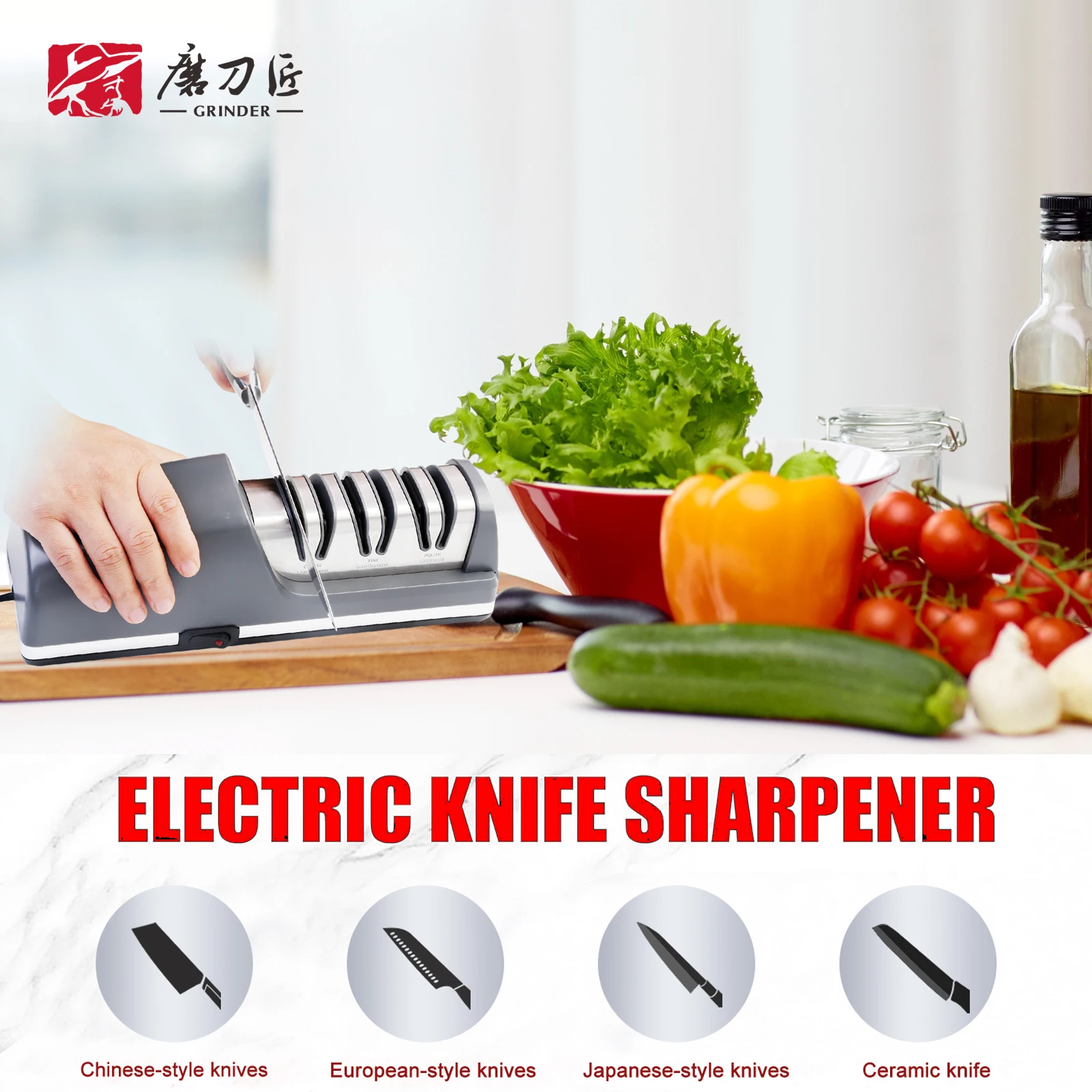 

TG2403 Three-Stage Electric Knife Sharpener 15° Angle Grinding Replaceable Heads with Grinding and Polishing Functions