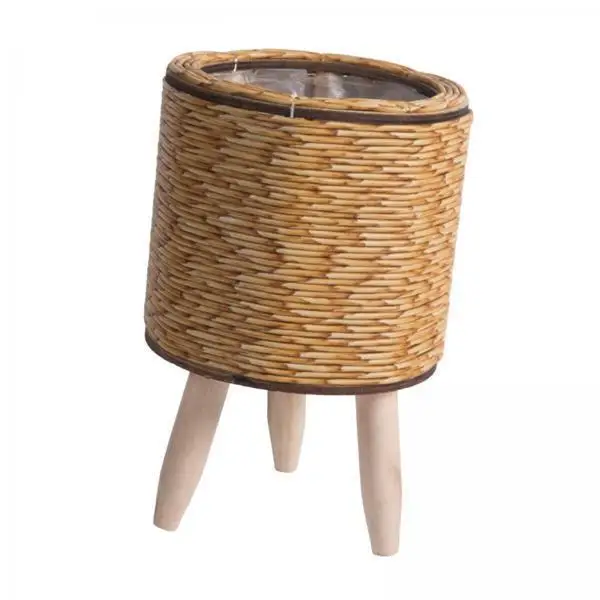 Creative Rustic Floor Flower Basket with Wood Legs Minimalist Handwoven Planter Pot Stand for Indoor Home Decor