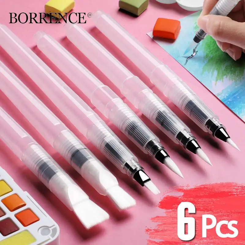 6pcs Water Brush Pen for Watercolor Water Soluble Pigment Large Capacity Water Storage Refillable Pen Art Stationery Supplies