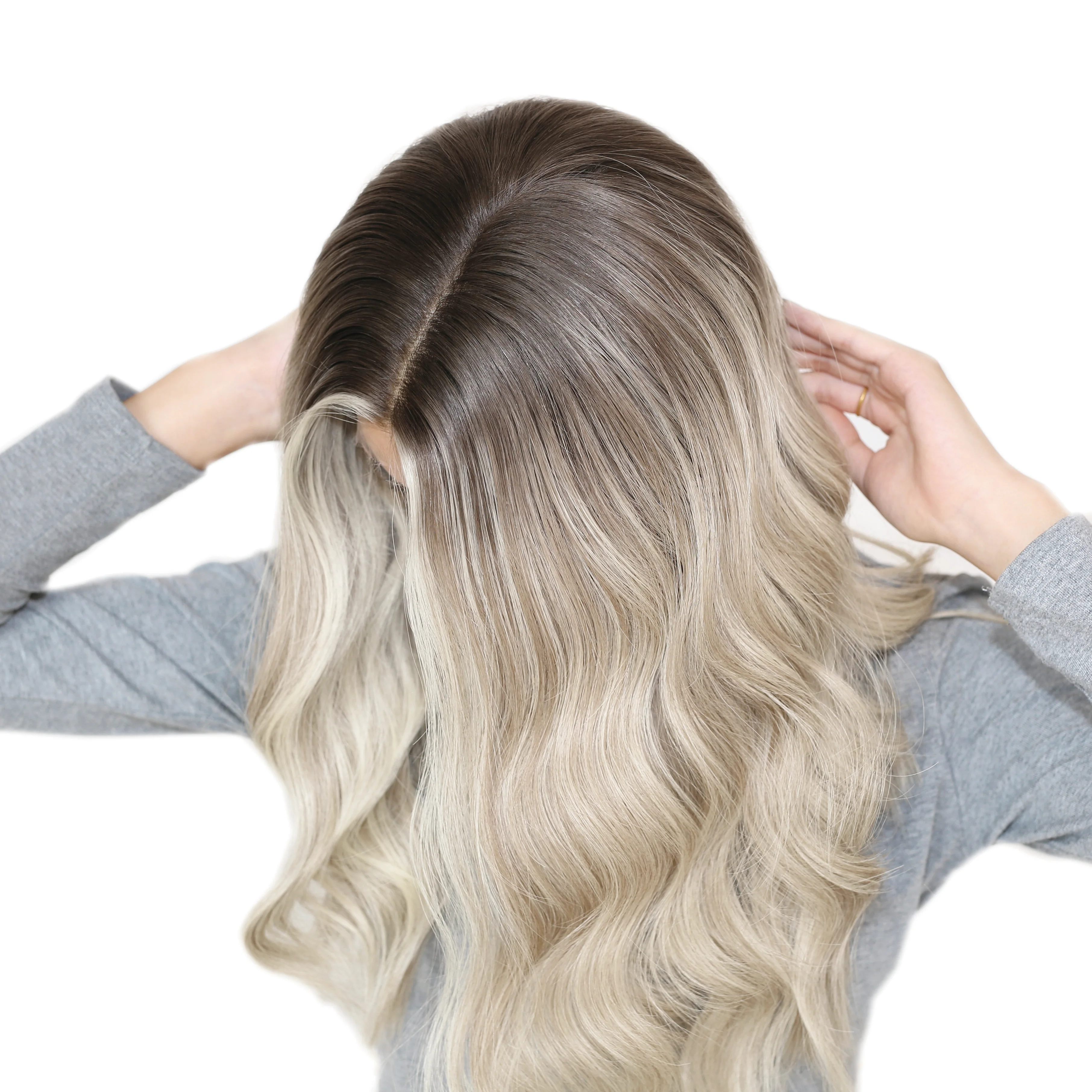 Peruca frontal e superior de renda ondulada, sem cola, cabelo humano, loiro cinza com marrom cinza, pintado à mão, balayage ombre, destaques