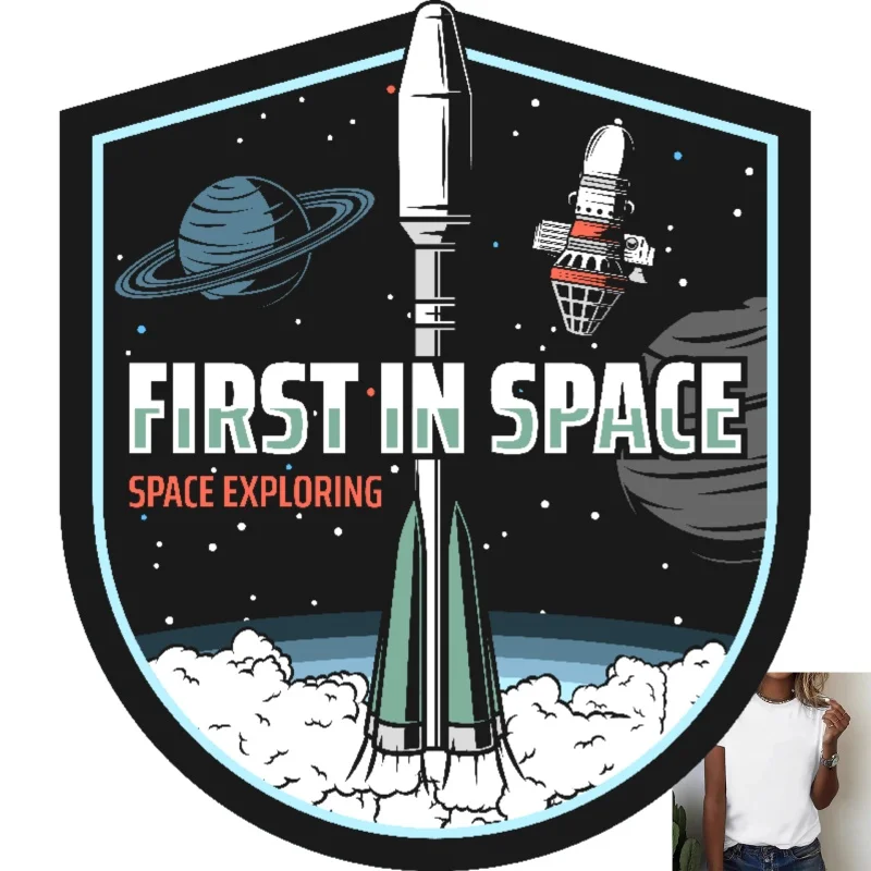 Parche Termoadhesivo con Diseño Espacial, Tinta Blanca, Elementos de Cohetes y Planetas, Apto para Camisetas, Bolsas de Lona