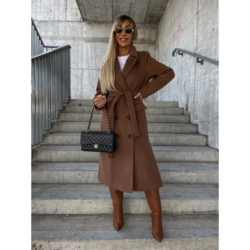 

2025 NEW Women's Woolen Coat Solid Color Long Sved Lapel Button Slit Coat Thick Long Style Autumn and Winter Simple