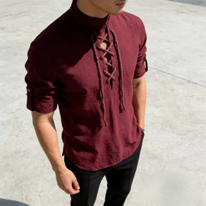 

Новая мужская рубашка 2025 года с воротником-стойкой, длинным рукавом, из льна, в стиле хенли, повседневная, пляжная, комфортная, стильная