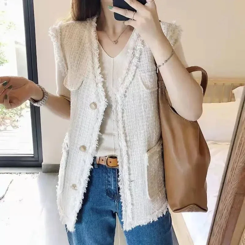 Autumn Winter V-neck Single-breasted Knitted Vest All-match Sleeveless Pockets Soft Women Sweater Korean Fashion Streetwear Tops