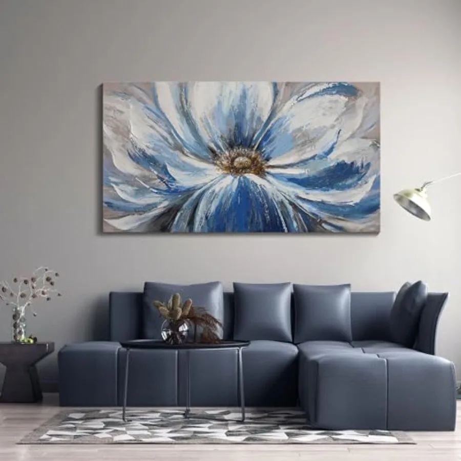 

Большая картина на холсте с цветами для гостиной, бело-голубой цветочный принт Giclée, готовая к подвешиванию, 29x58, декор для дома и спальни