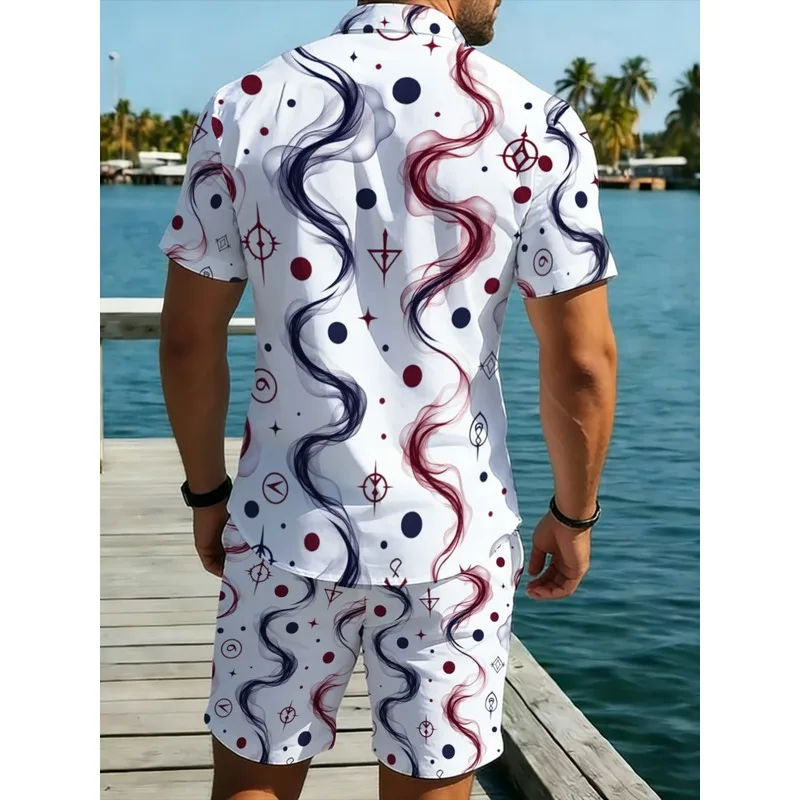 Men's Short Sleeve Shirt and Shorts Set，Lightweight polyester material，White background with red and blue wave design，Very suita - view 2