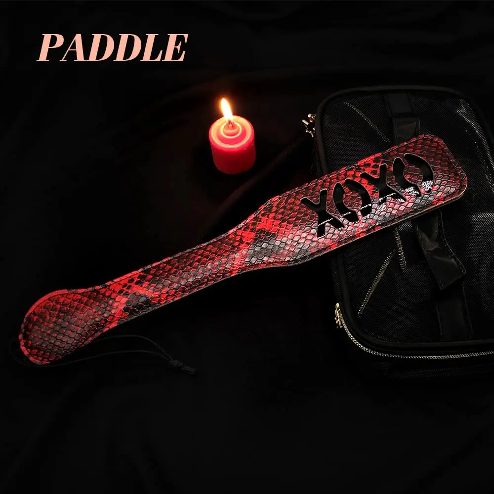 BDSM Set of 3 Pcs with Snake Skin Pattern Spanking Paddle Tassel Whip and Sleep Eye Mask Punishment Bondage Props for Couples