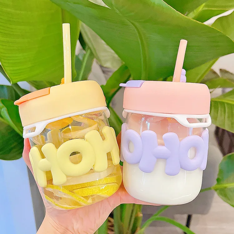 

400ml Cute Straw Cup with Straw Kawai Glass Cup Milk Cup