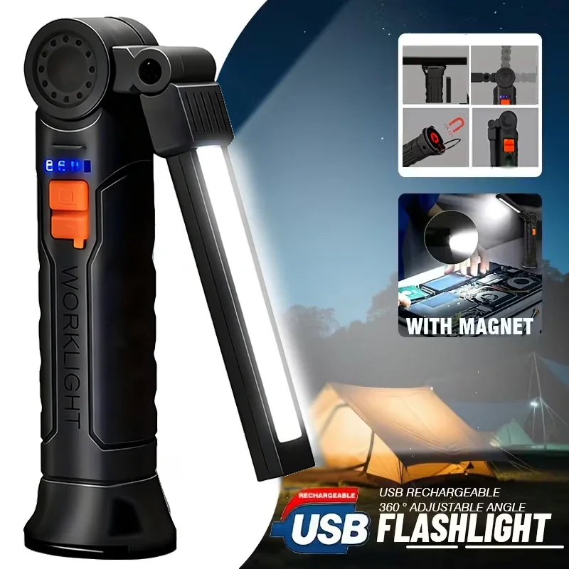 

Портативные светодиодные поисковые фонари COB с магнитом и крючком, встроенный аккумулятор, перезаряжаемый рабочий светильник, уличный водонепроницаемый аварийный светильник