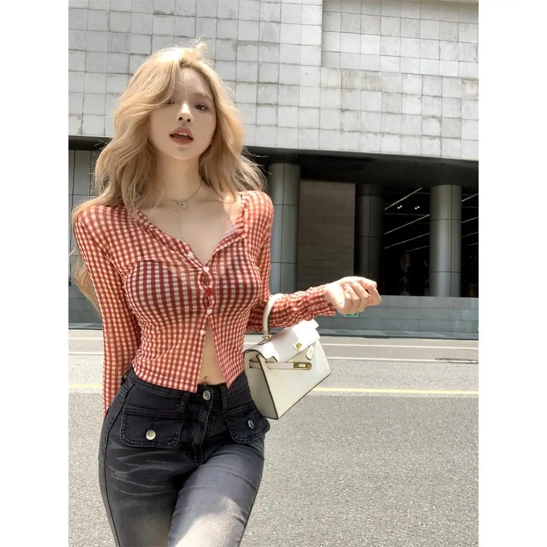American Retro Red Plaid Me irt Women's Early Autumn ort Tight Sexy Beautiful Long Sve Small Top Sweet Sle f Un...